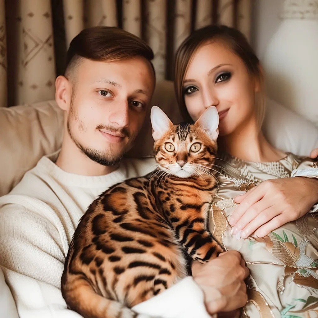 Мужчина и девушка держат на руках бенгальскую кошку
